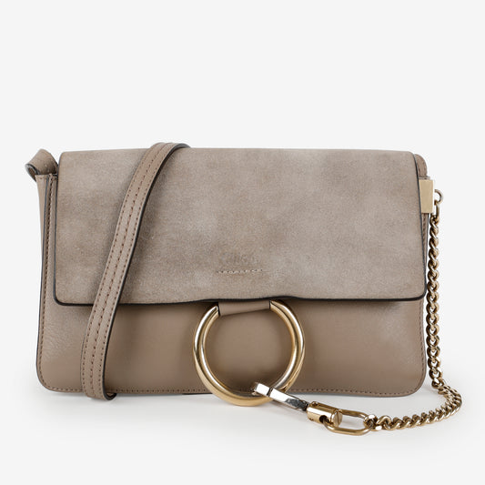 Small Faye Crossbody, Taupe Calfskin/Suede