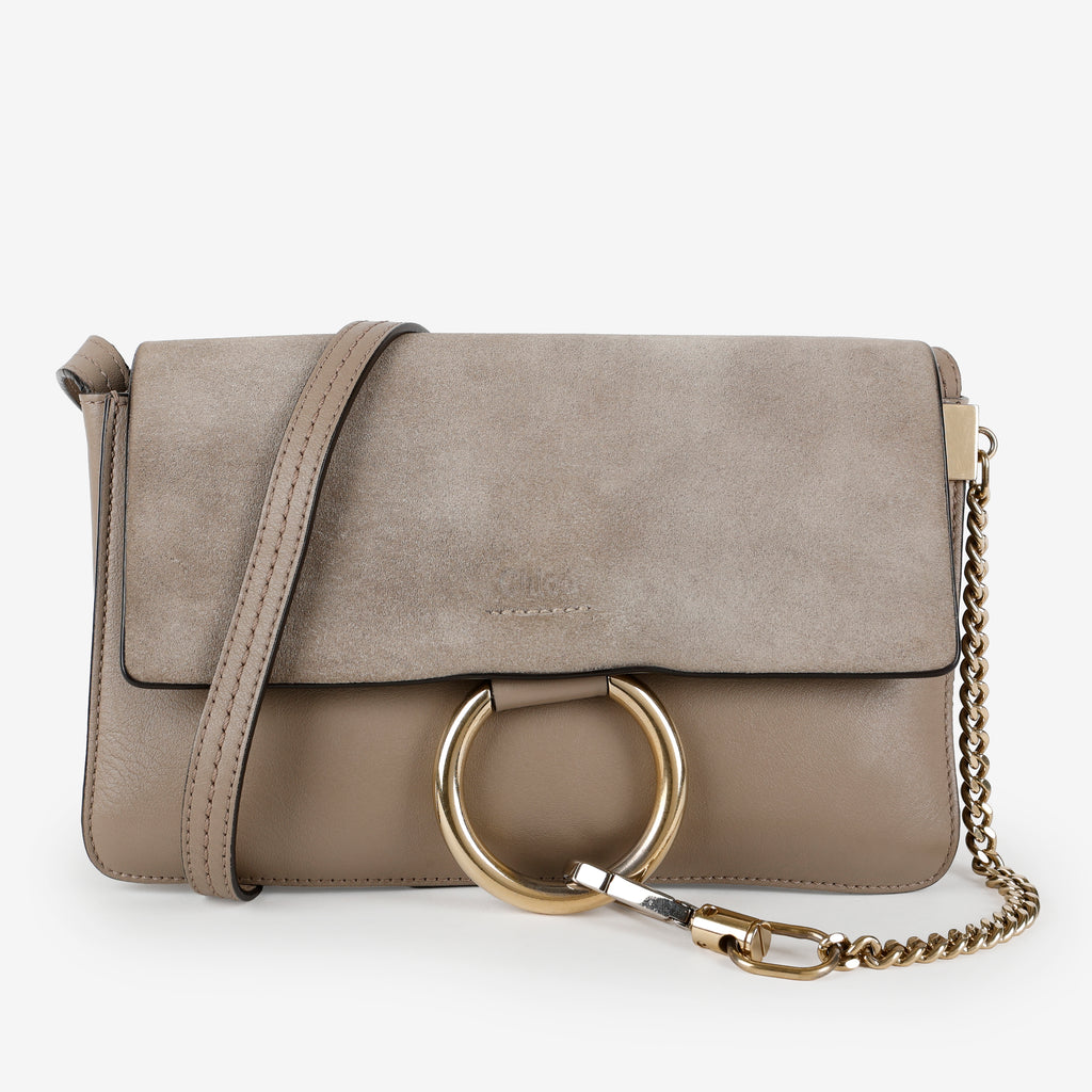 Small Faye Crossbody, Taupe Calfskin/Suede