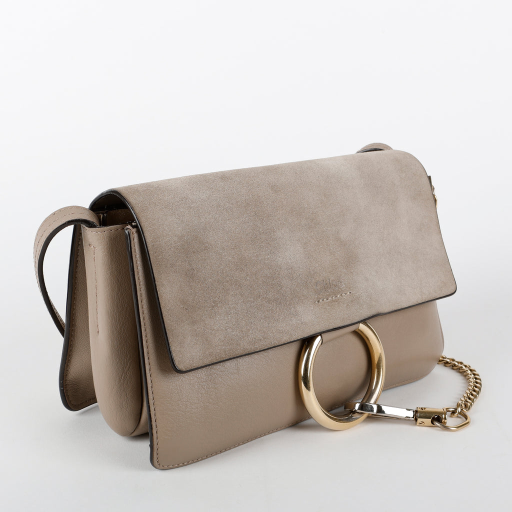 Small Faye Crossbody, Taupe Calfskin/Suede