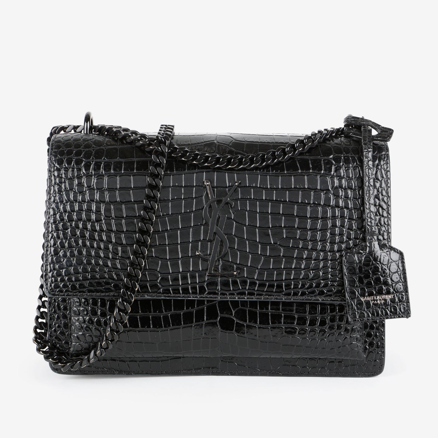 Medium Sunset Crossbody, Black Croc Embossed