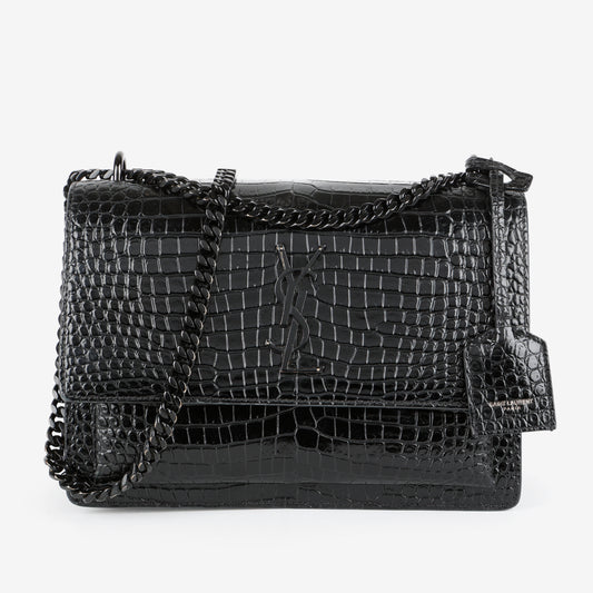 Medium Sunset Crossbody, Black Croc Embossed