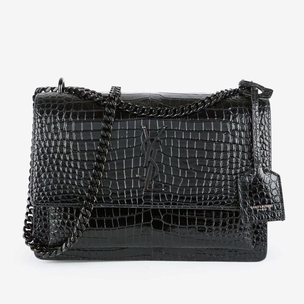 Medium Sunset Crossbody, Black Croc Embossed