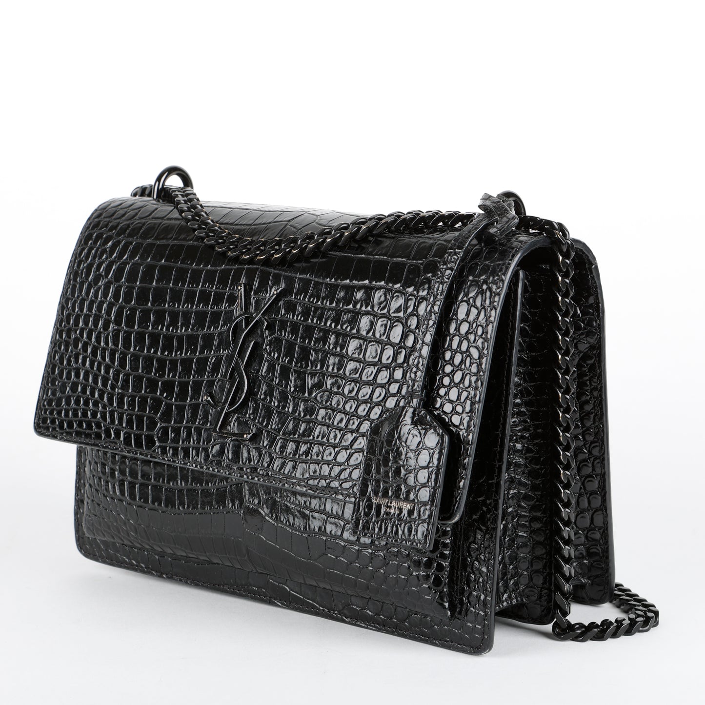 Medium Sunset Crossbody, Black Croc Embossed