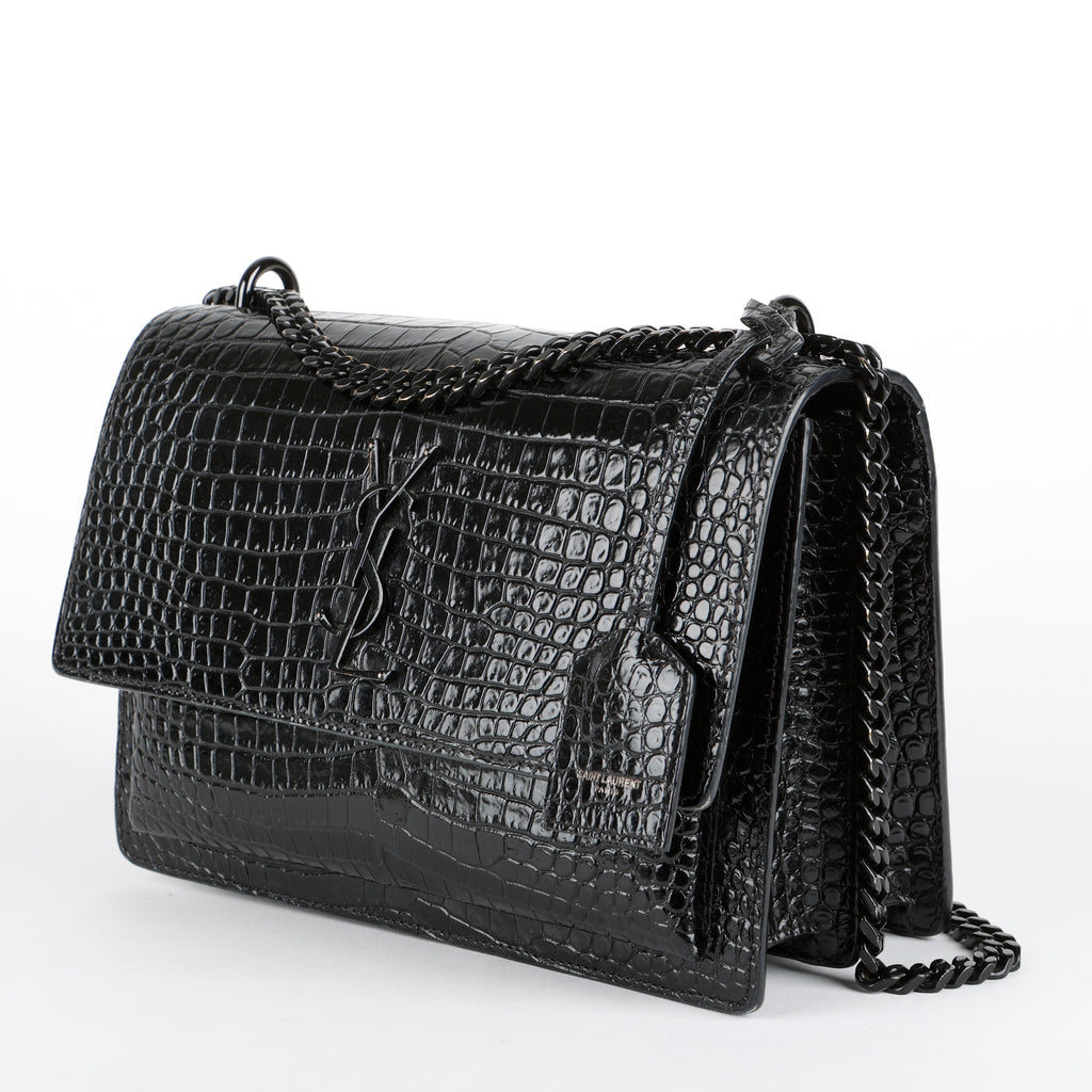 Medium Sunset Crossbody, Black Croc Embossed