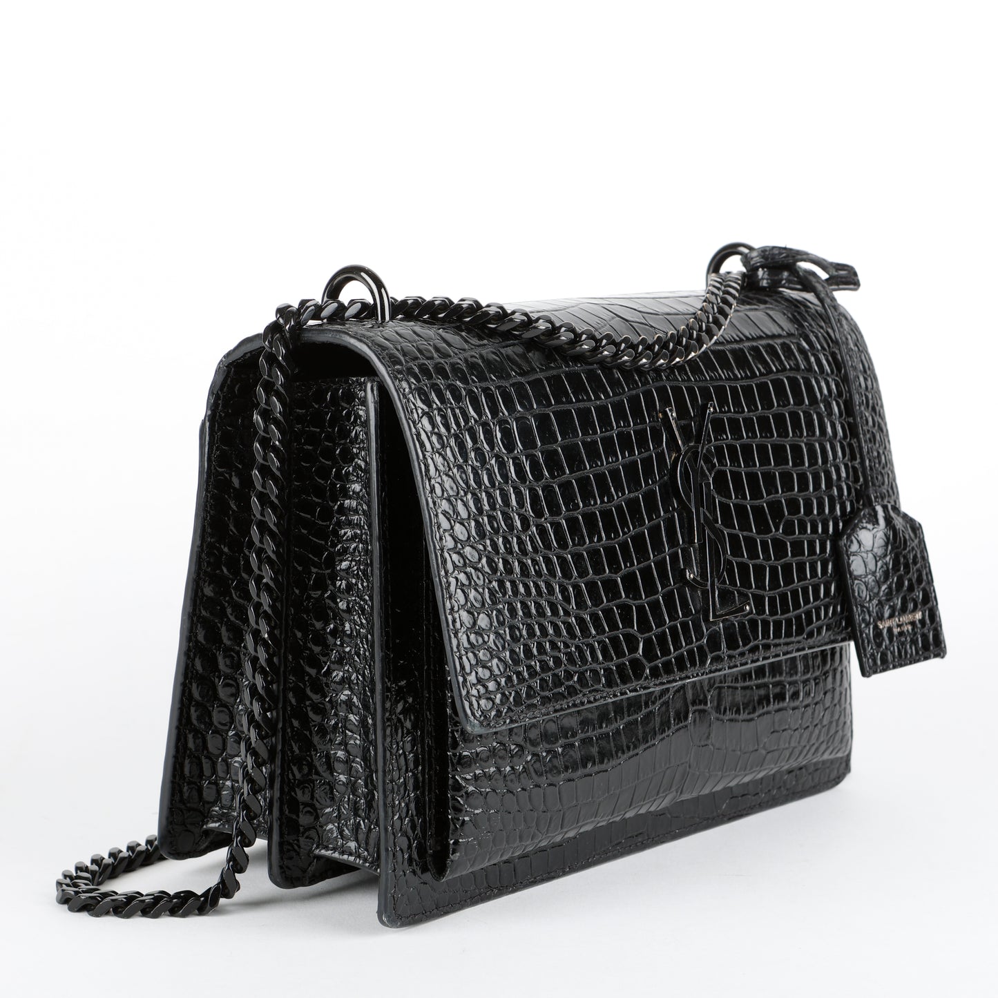 Medium Sunset Crossbody, Black Croc Embossed