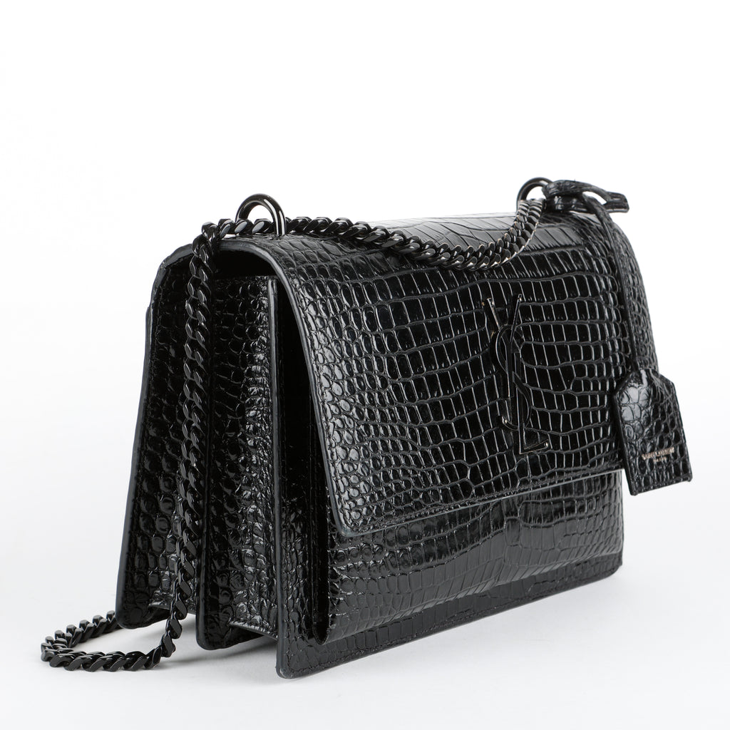 Medium Sunset Crossbody, Black Croc Embossed