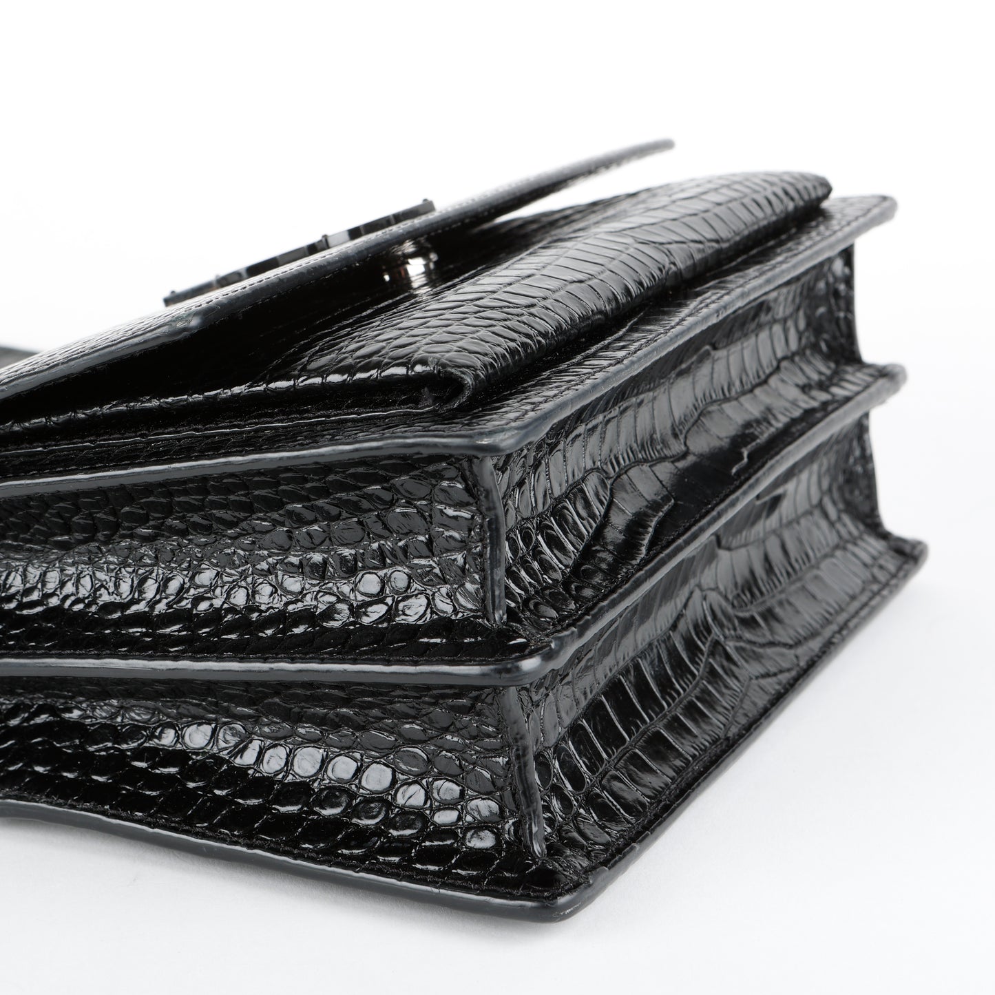Medium Sunset Crossbody, Black Croc Embossed