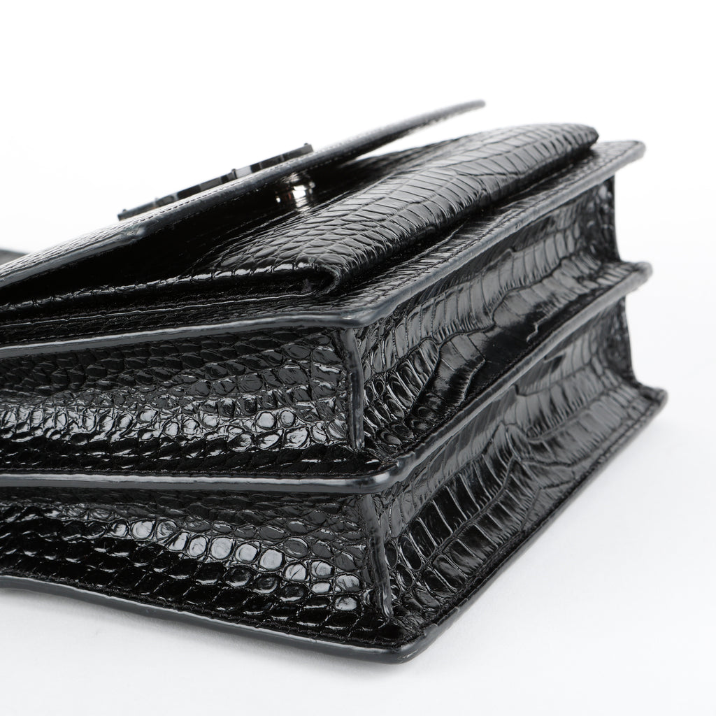 Medium Sunset Crossbody, Black Croc Embossed