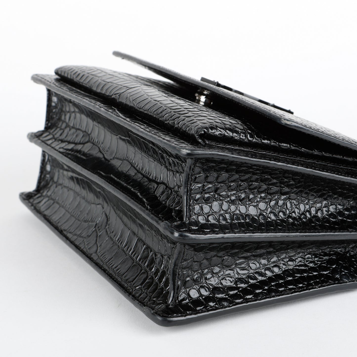 Medium Sunset Crossbody, Black Croc Embossed