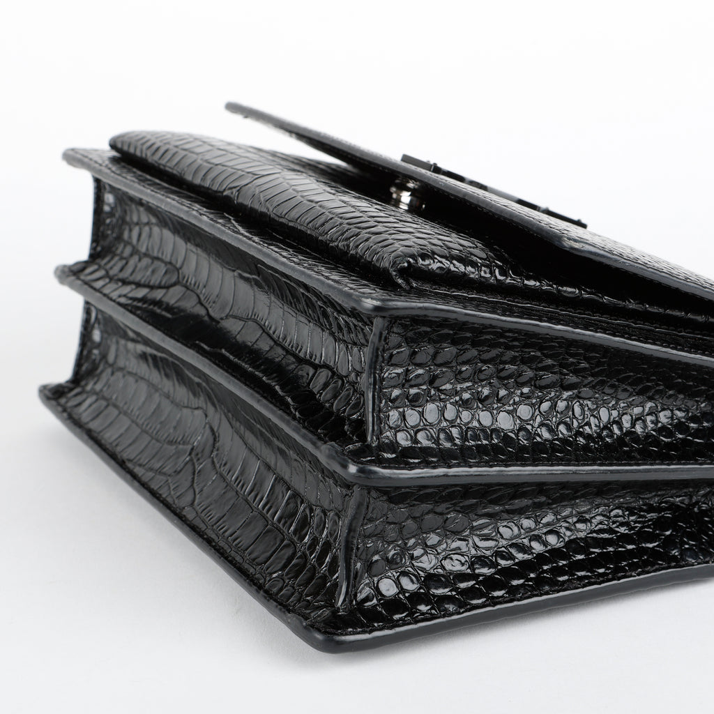 Medium Sunset Crossbody, Black Croc Embossed