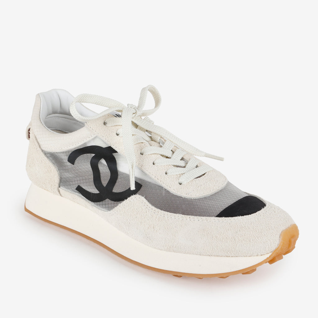 CC Mesh/Suede/Calfskin Sneakers, White/Black Size: 39 (US 9)