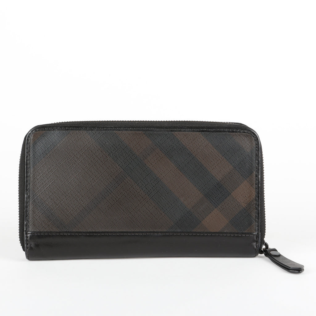 Long Zip Around Wallet, London Check & Black Calfskin
