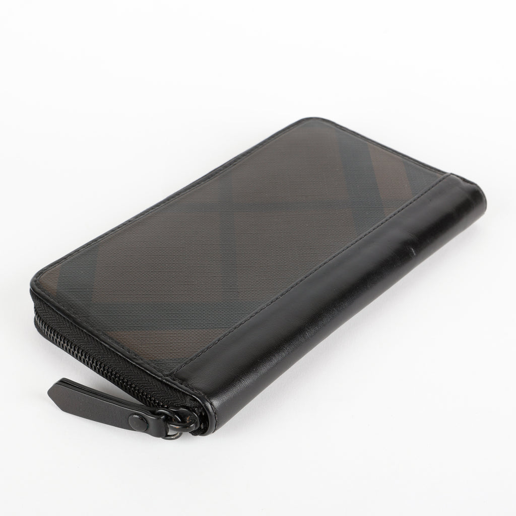 Long Zip Around Wallet, London Check & Black Calfskin