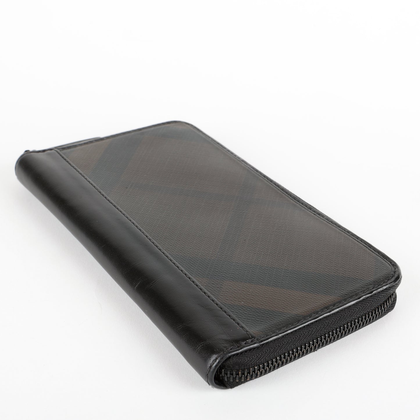 Long Zip Around Wallet, London Check & Black Calfskin