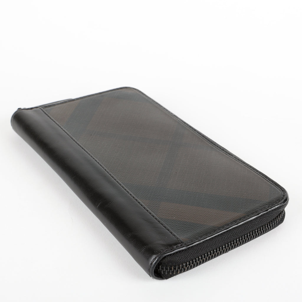 Long Zip Around Wallet, London Check & Black Calfskin
