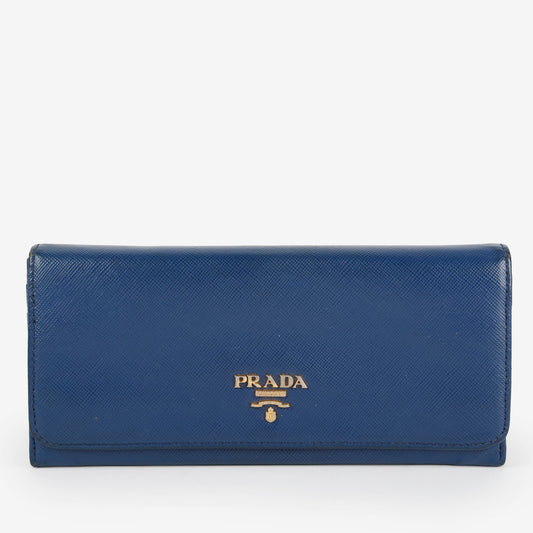 Metal Continental Wallet, Blue  Saffiano
