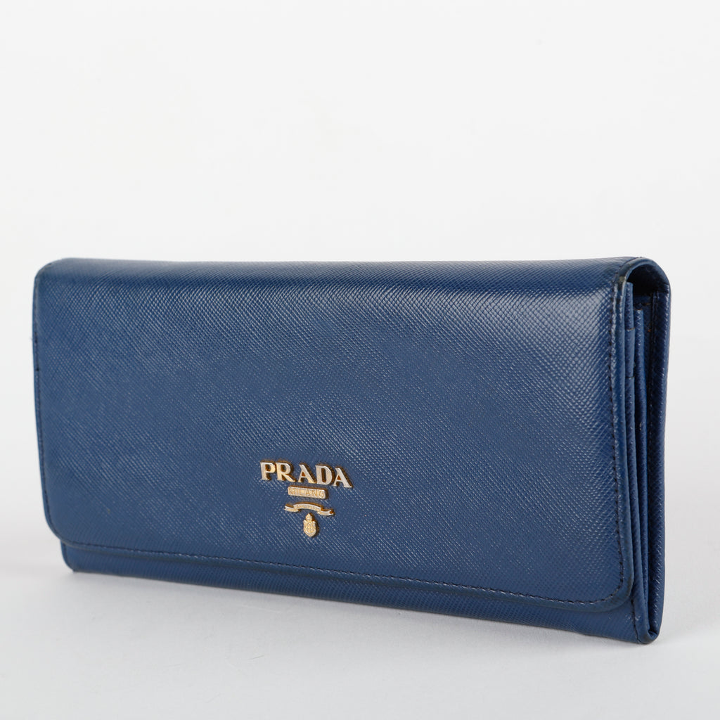 Metal Continental Wallet, Blue  Saffiano