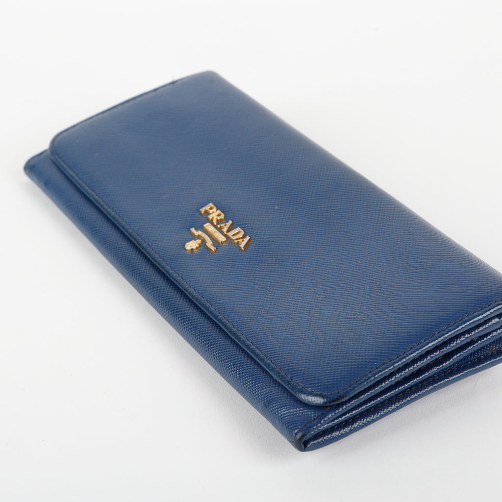 Metal Continental Wallet, Blue  Saffiano