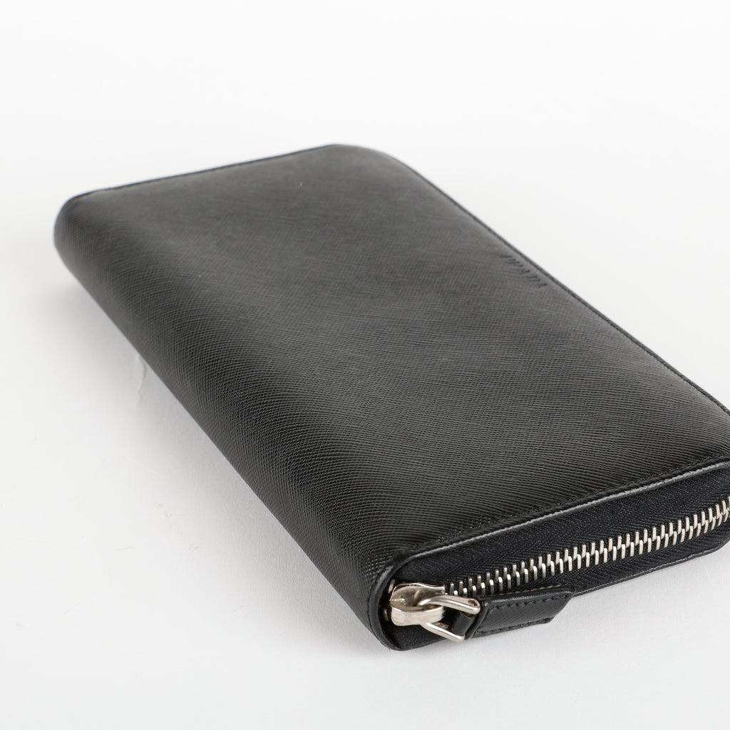Large Zip Around Wallet, Black Saffiano