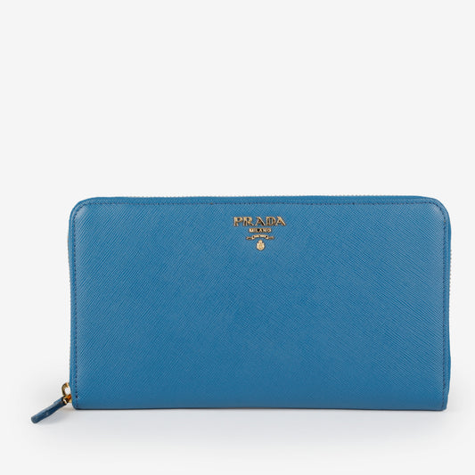 Large Zip Around Travel Wallet, Blue Saffiano