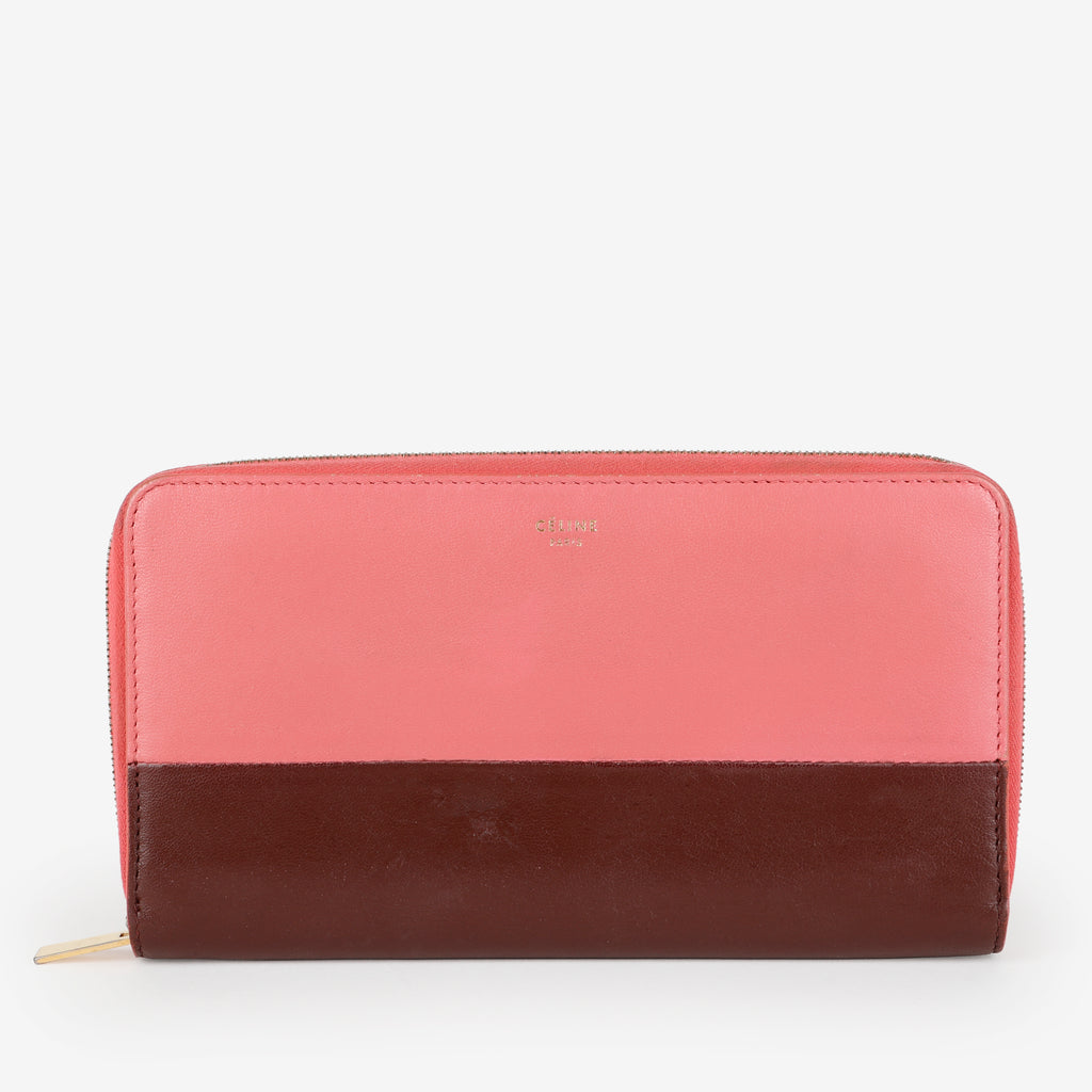 Bicolor Zip Around Wallet, Pink and Brown Calfskin
