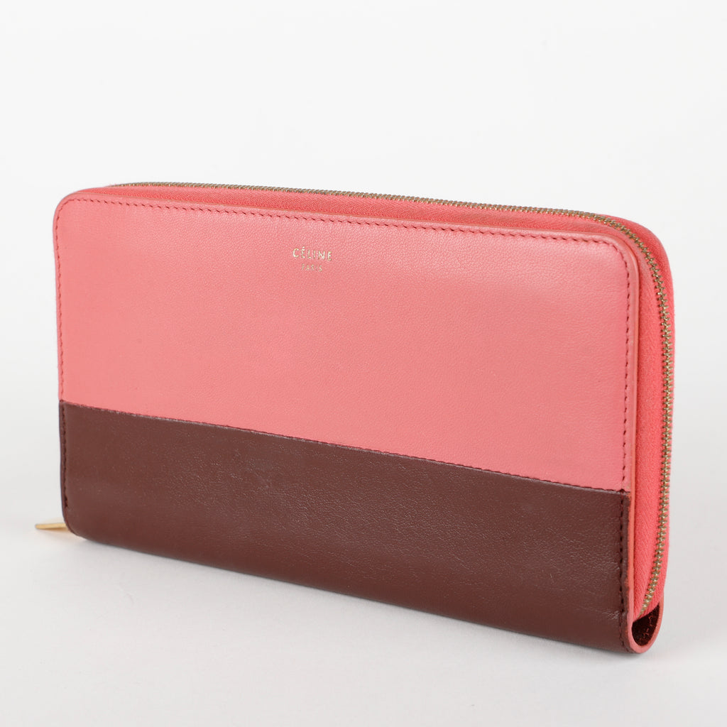 Bicolor Zip Around Wallet, Pink and Brown Calfskin