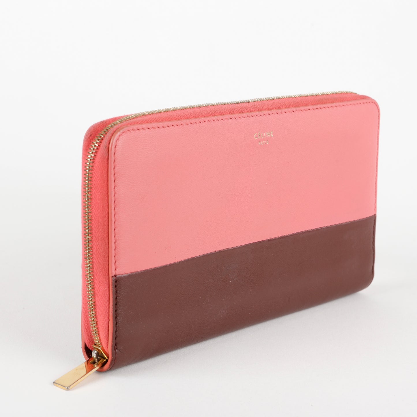 Bicolor Zip Around Wallet, Pink and Brown Calfskin
