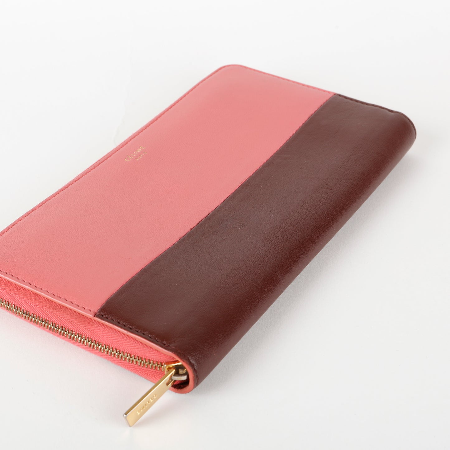Bicolor Zip Around Wallet, Pink and Brown Calfskin
