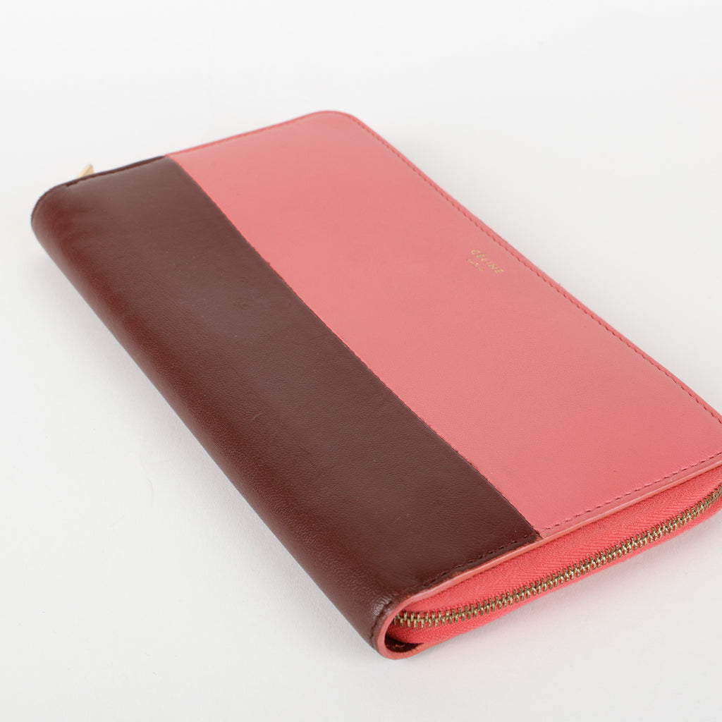 Bicolor Zip Around Wallet, Pink and Brown Calfskin