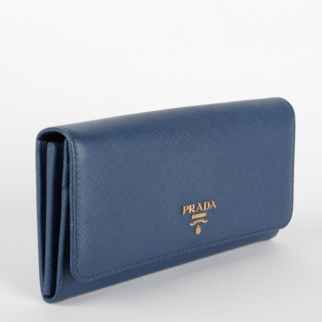 Large Metal Continental Wallet, Blue Saffiano