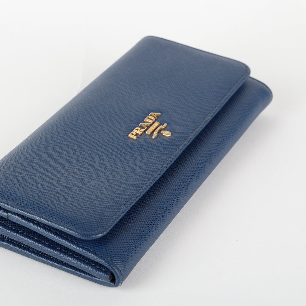 Large Metal Continental Wallet, Blue Saffiano