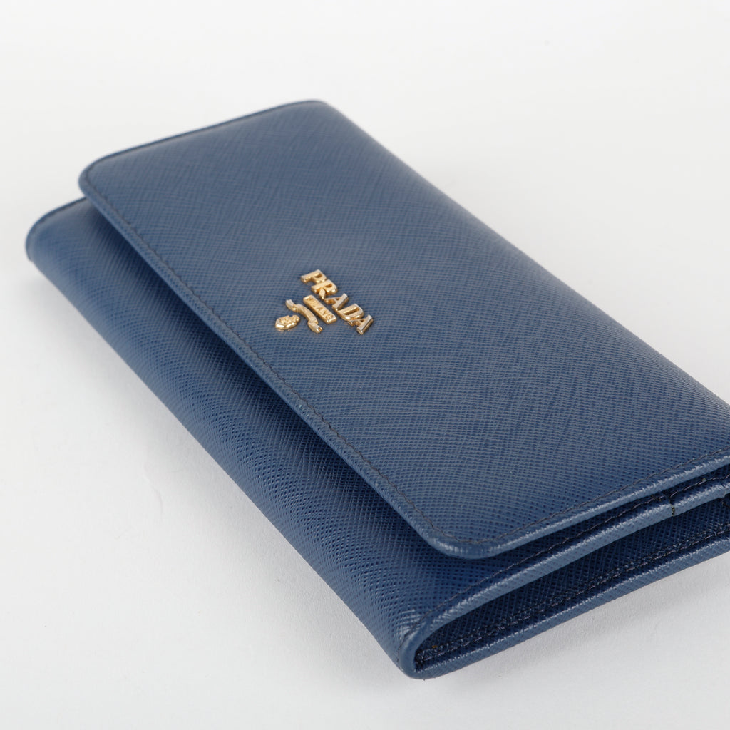 Large Metal Continental Wallet, Blue Saffiano
