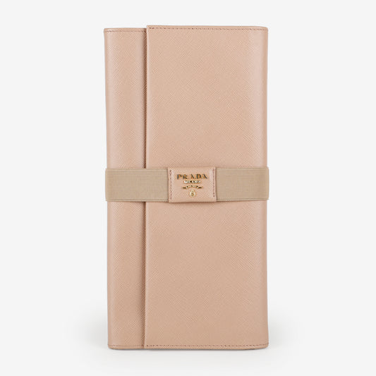 Long Travel Fold Wallet, Beige Saffiano