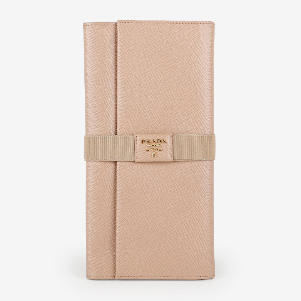 Long Travel Fold Wallet, Beige Saffiano
