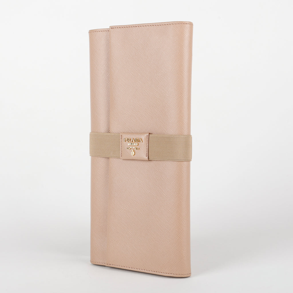 Long Travel Fold Wallet, Beige Saffiano