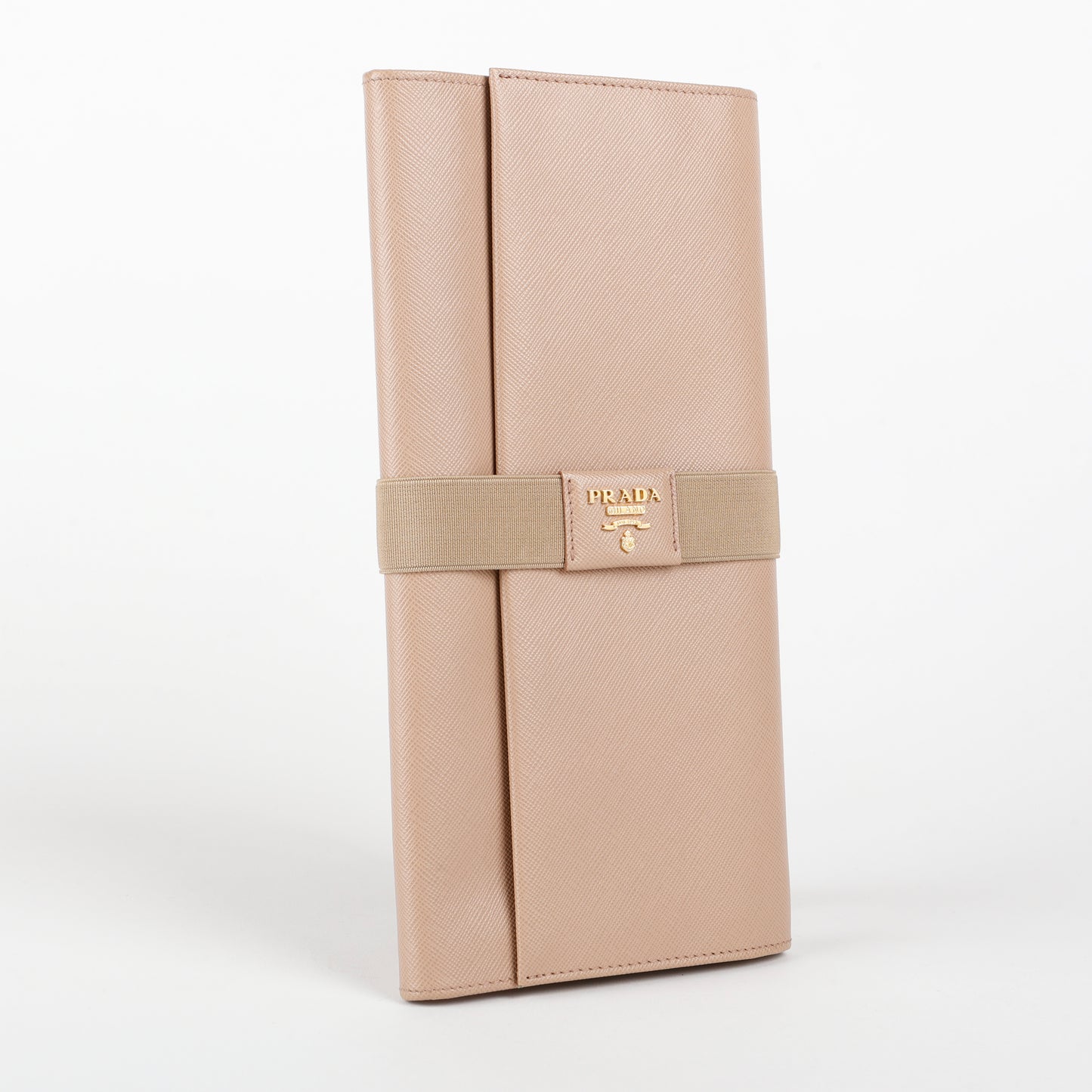 Long Travel Fold Wallet, Beige Saffiano
