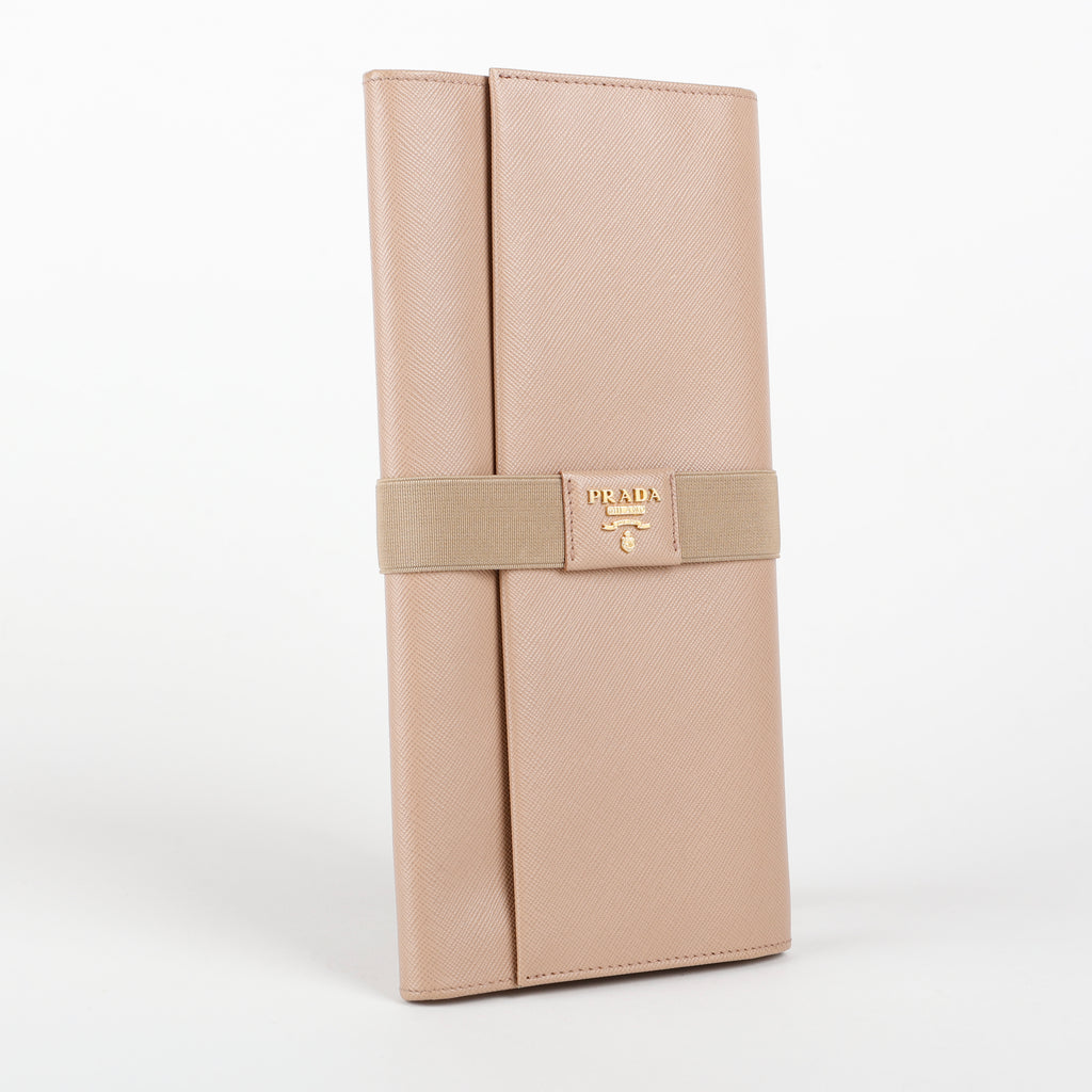 Long Travel Fold Wallet, Beige Saffiano