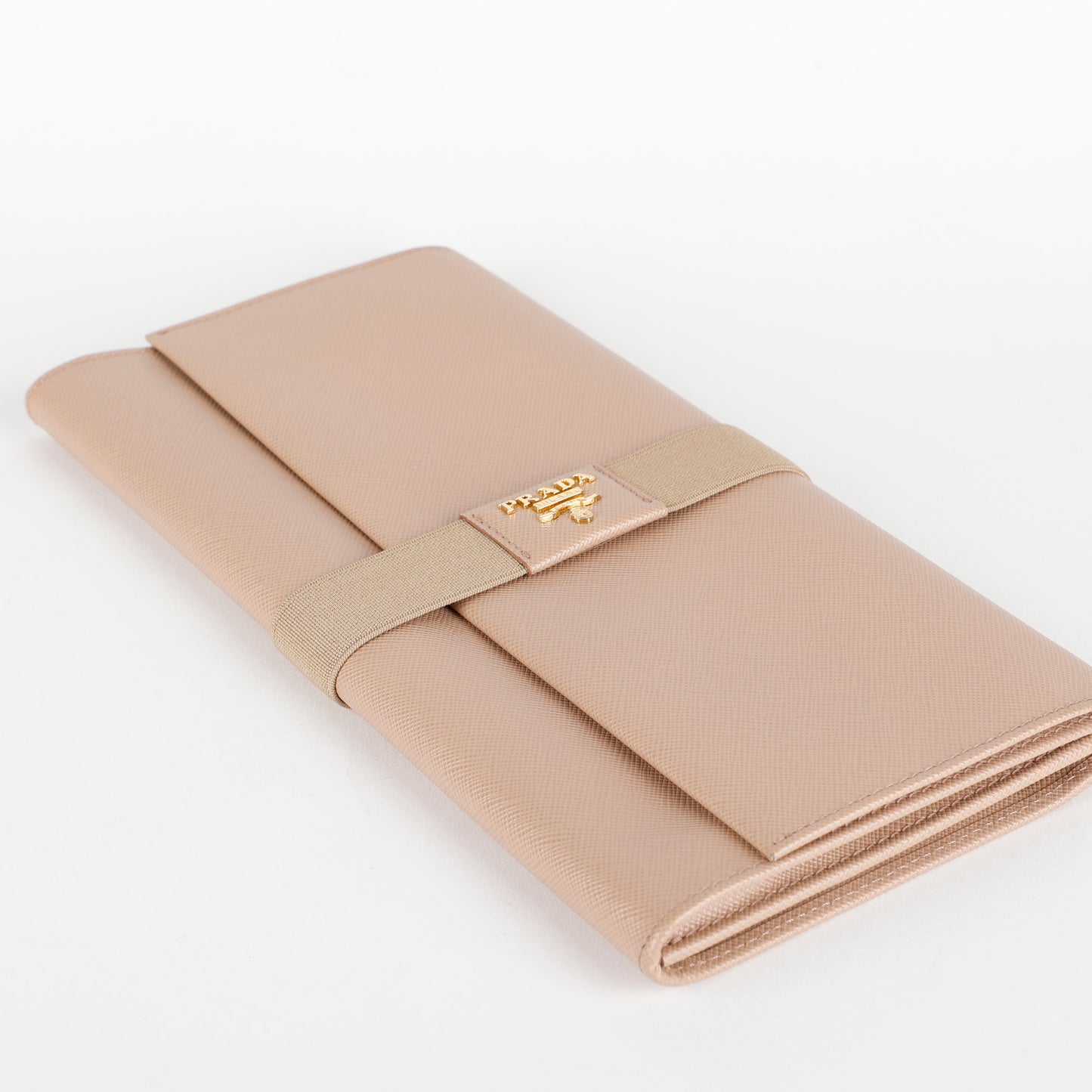 Long Travel Fold Wallet, Beige Saffiano