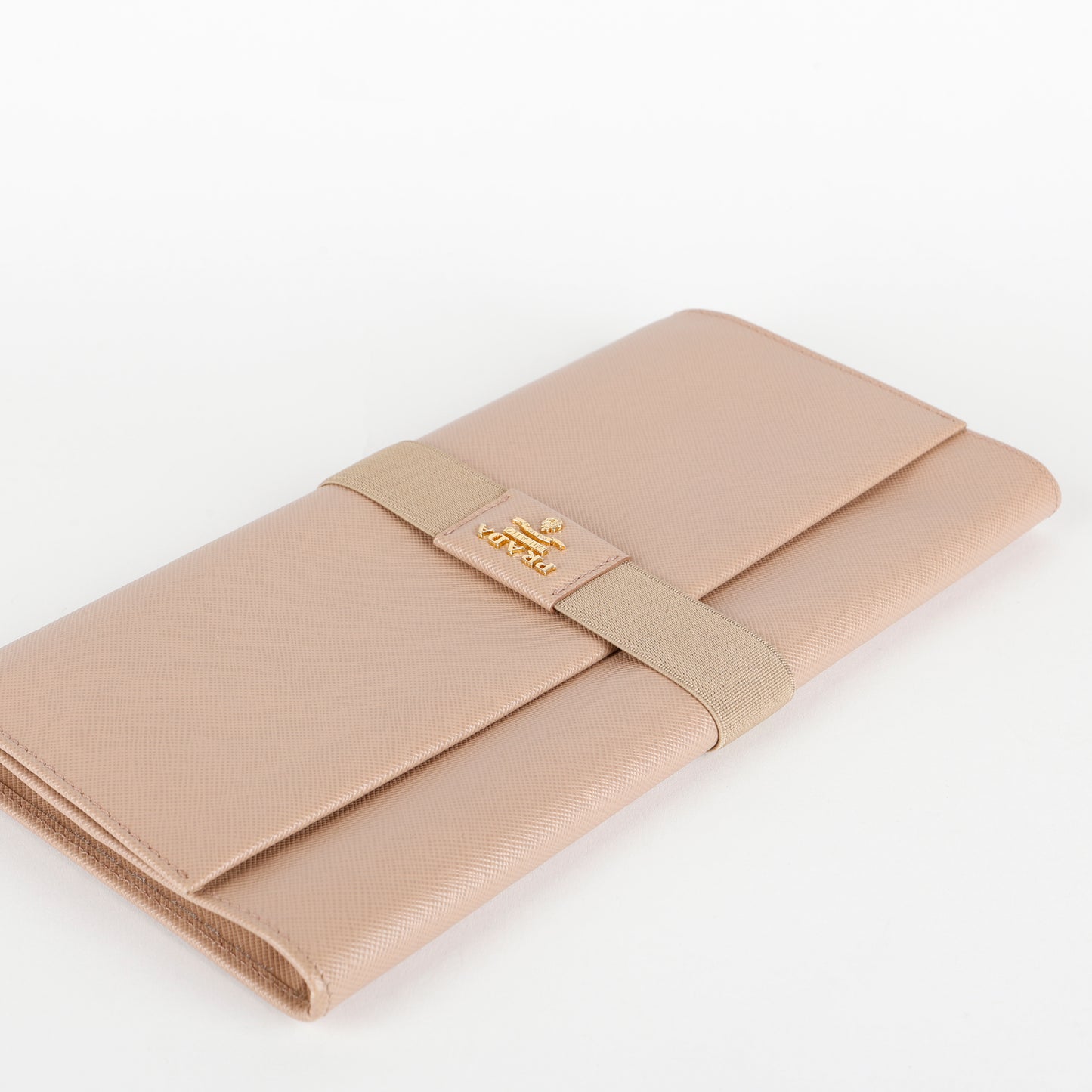 Long Travel Fold Wallet, Beige Saffiano
