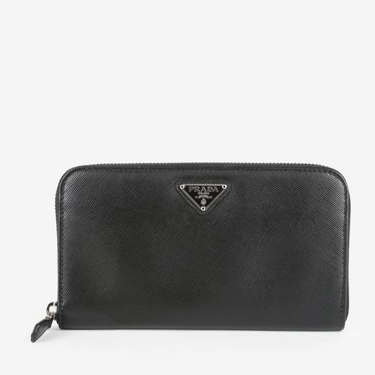 Zip Around Wallet, Black Saffiano Silver Hardware