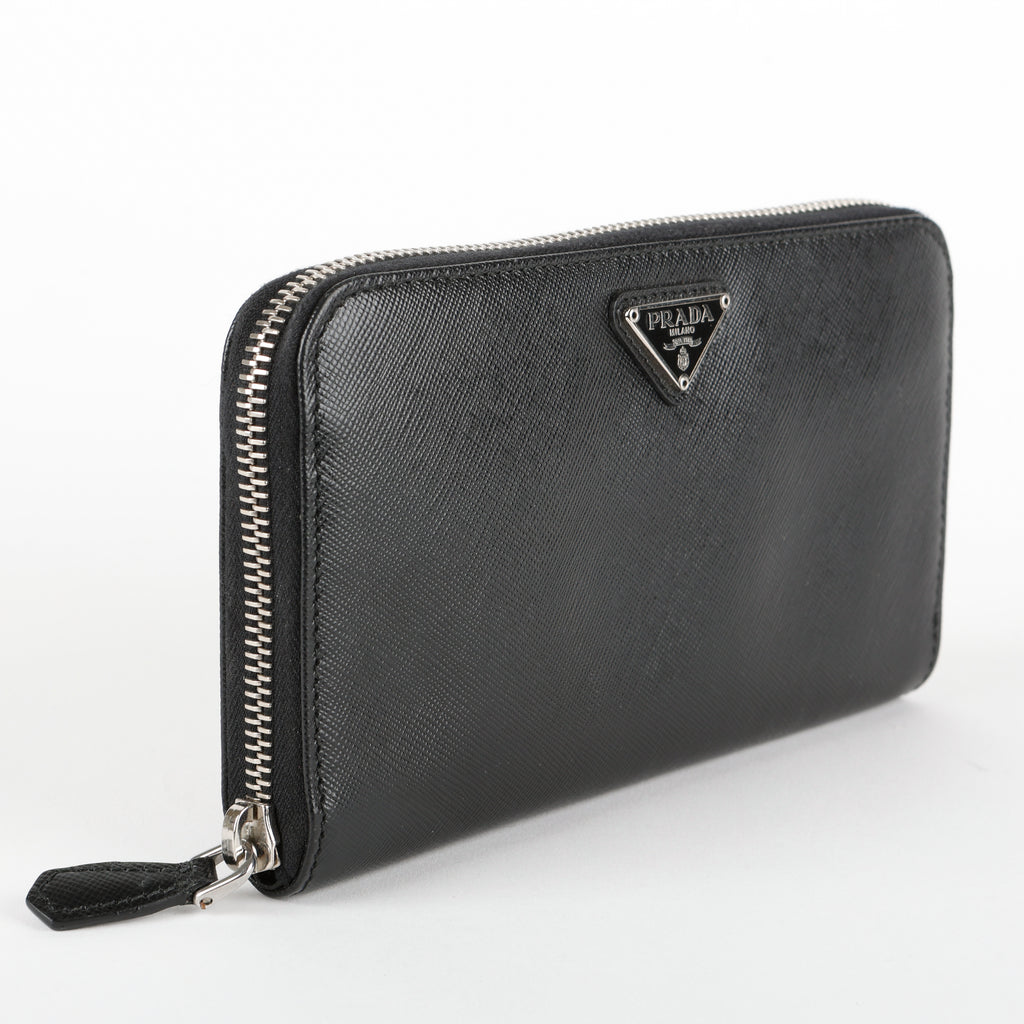 Zip Around Wallet, Black Saffiano Silver Hardware