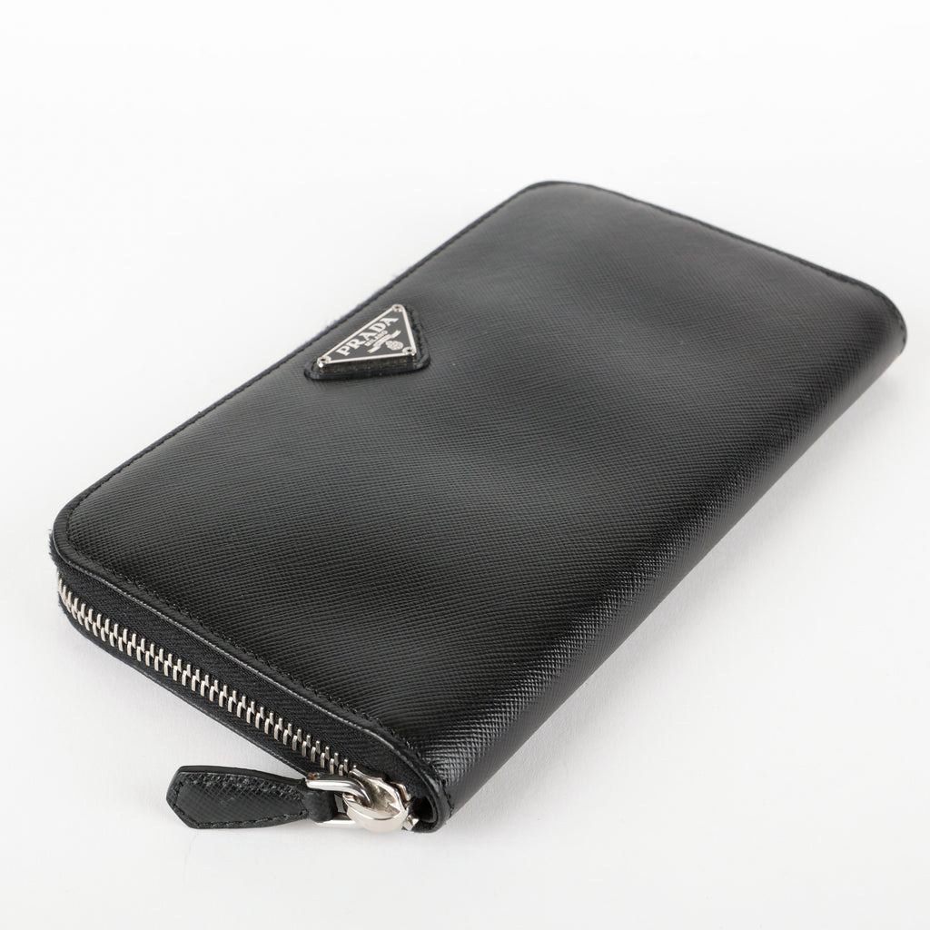 Zip Around Wallet, Black Saffiano Silver Hardware