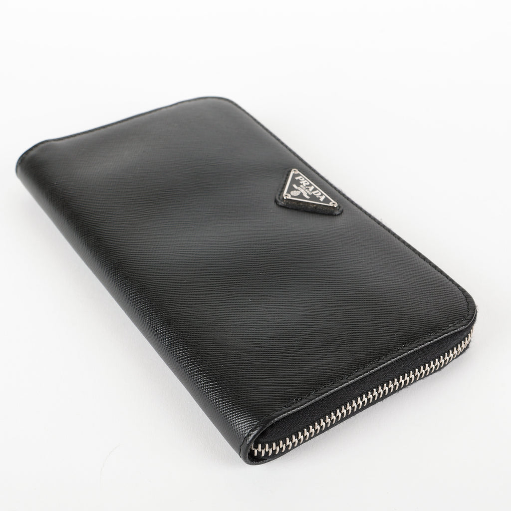 Zip Around Wallet, Black Saffiano Silver Hardware