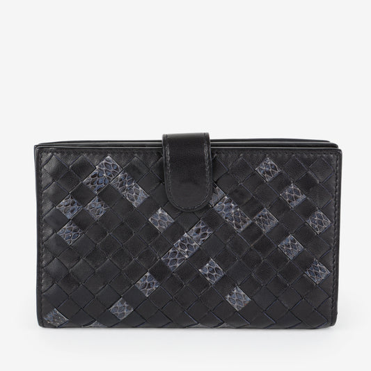 French Style Interciatto Wallet, Black Snakeskin
