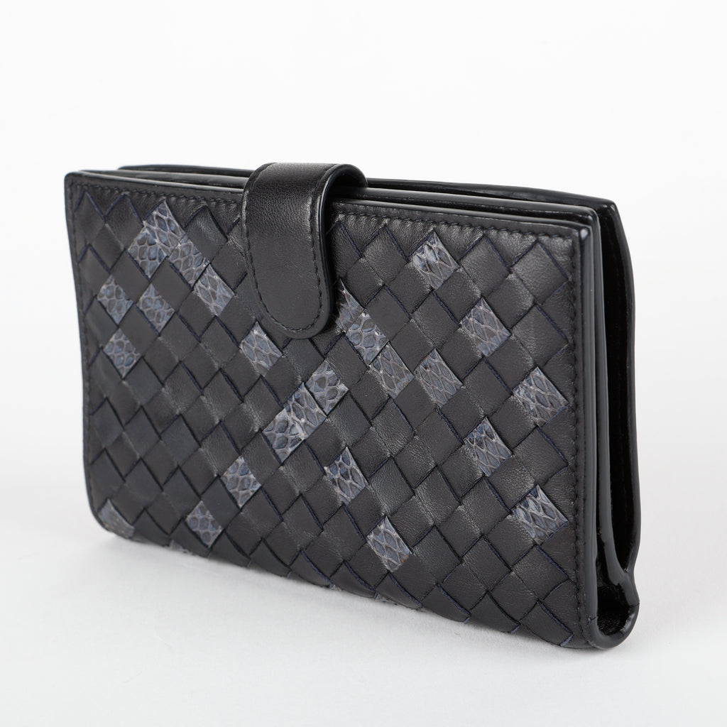 French Style Interciatto Wallet, Black Snakeskin