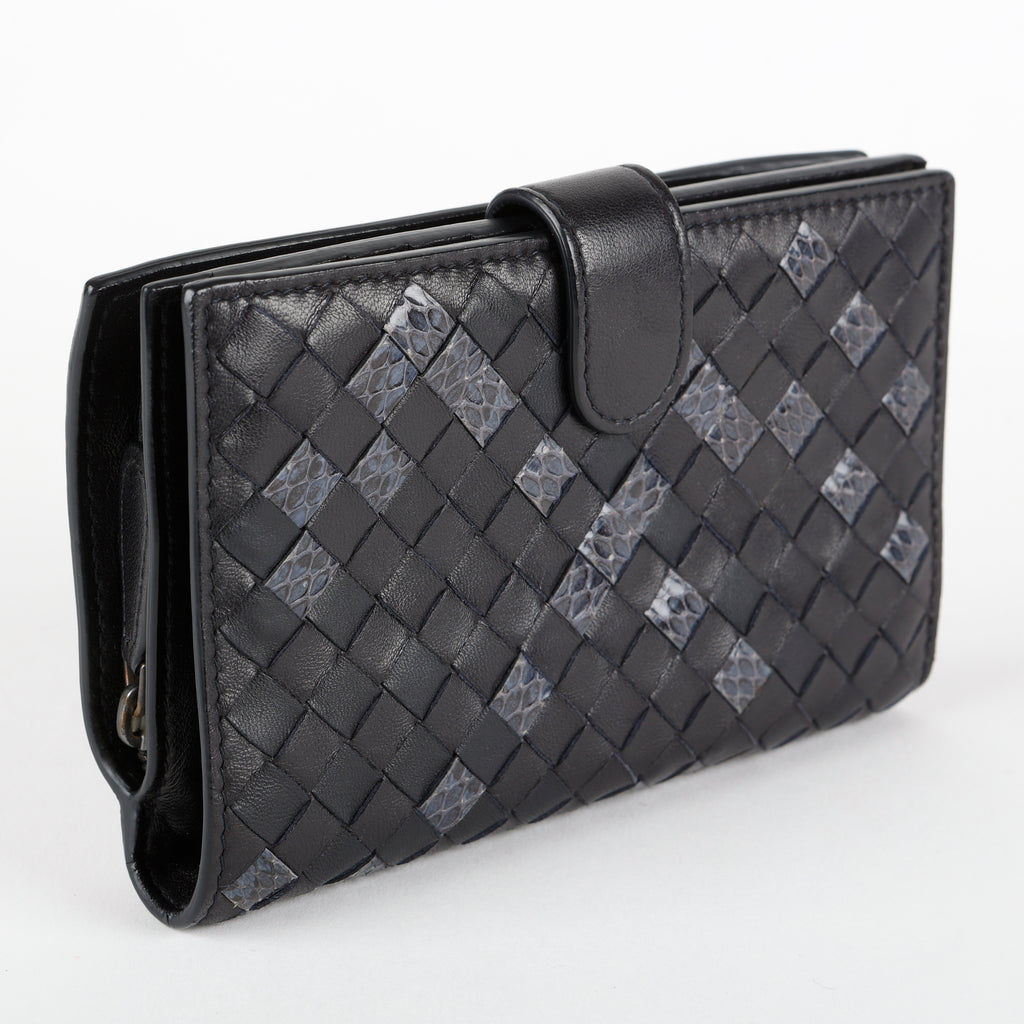 French Style Interciatto Wallet, Black Snakeskin