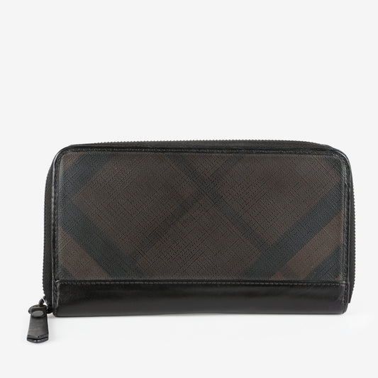 Long Zip Around Wallet, London Check & Black Calfskin