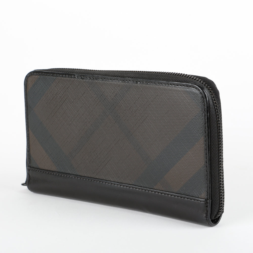 Long Zip Around Wallet, London Check & Black Calfskin