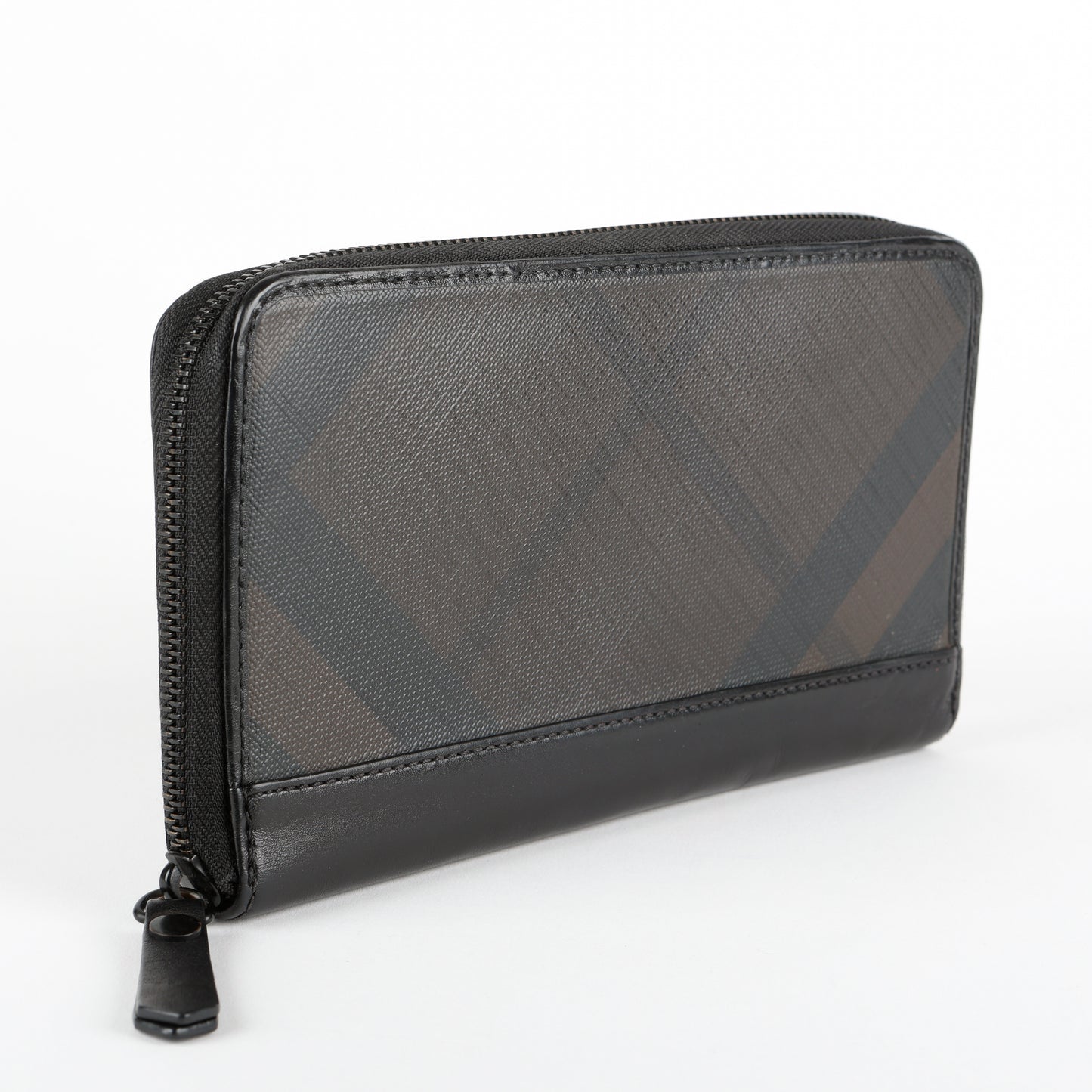 Long Zip Around Wallet, London Check & Black Calfskin