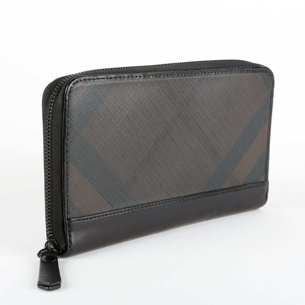 Long Zip Around Wallet, London Check & Black Calfskin
